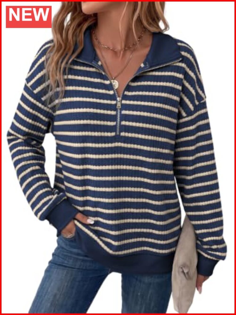 Womens Half Zip Waffle Knit Striped Sweatshirt Loose Fit Pullover Top